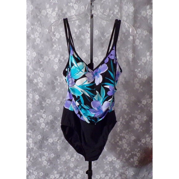 Vintage Y2K Swimsuit 2000s Blue Black Floral One Piece Retro Miraclesuit Size 10 - Picture 1 of 5